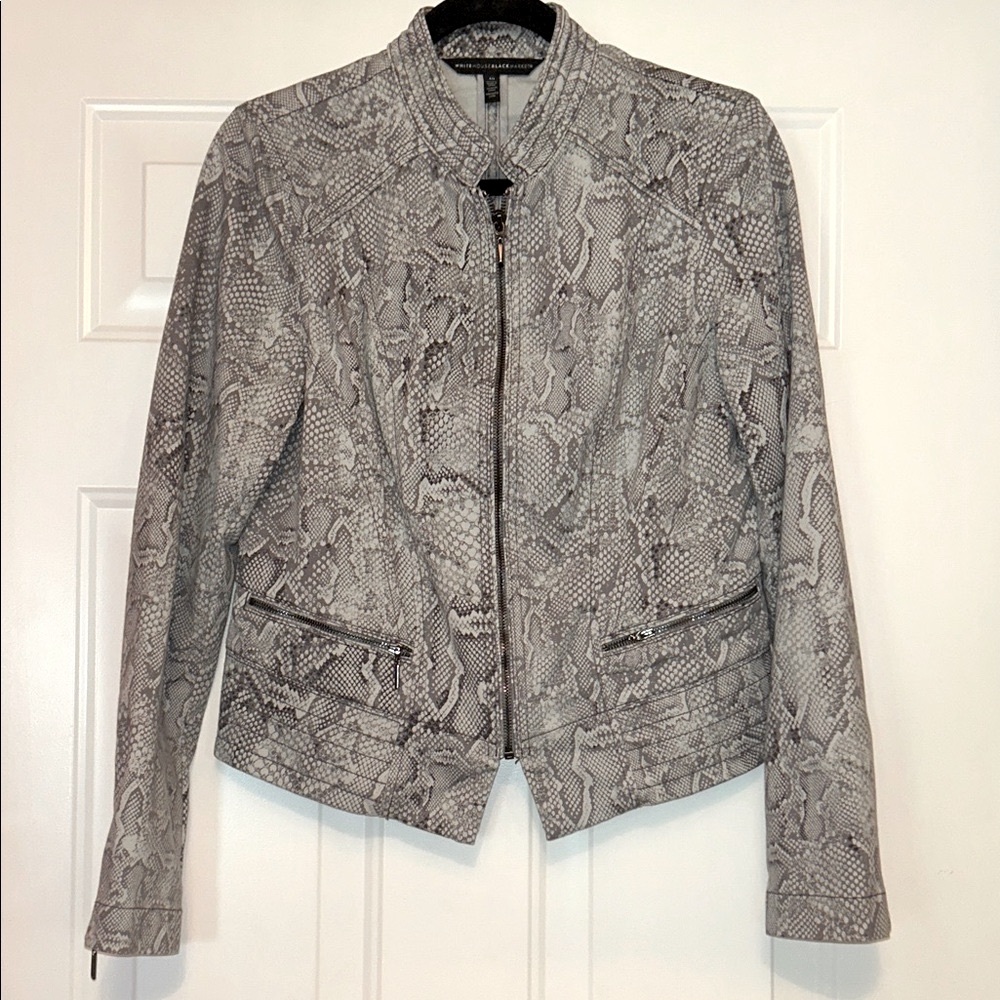 WHBM Snakeskin Women's Cotton Blend Jacket 10 Gray Full Zip Pockets Moto